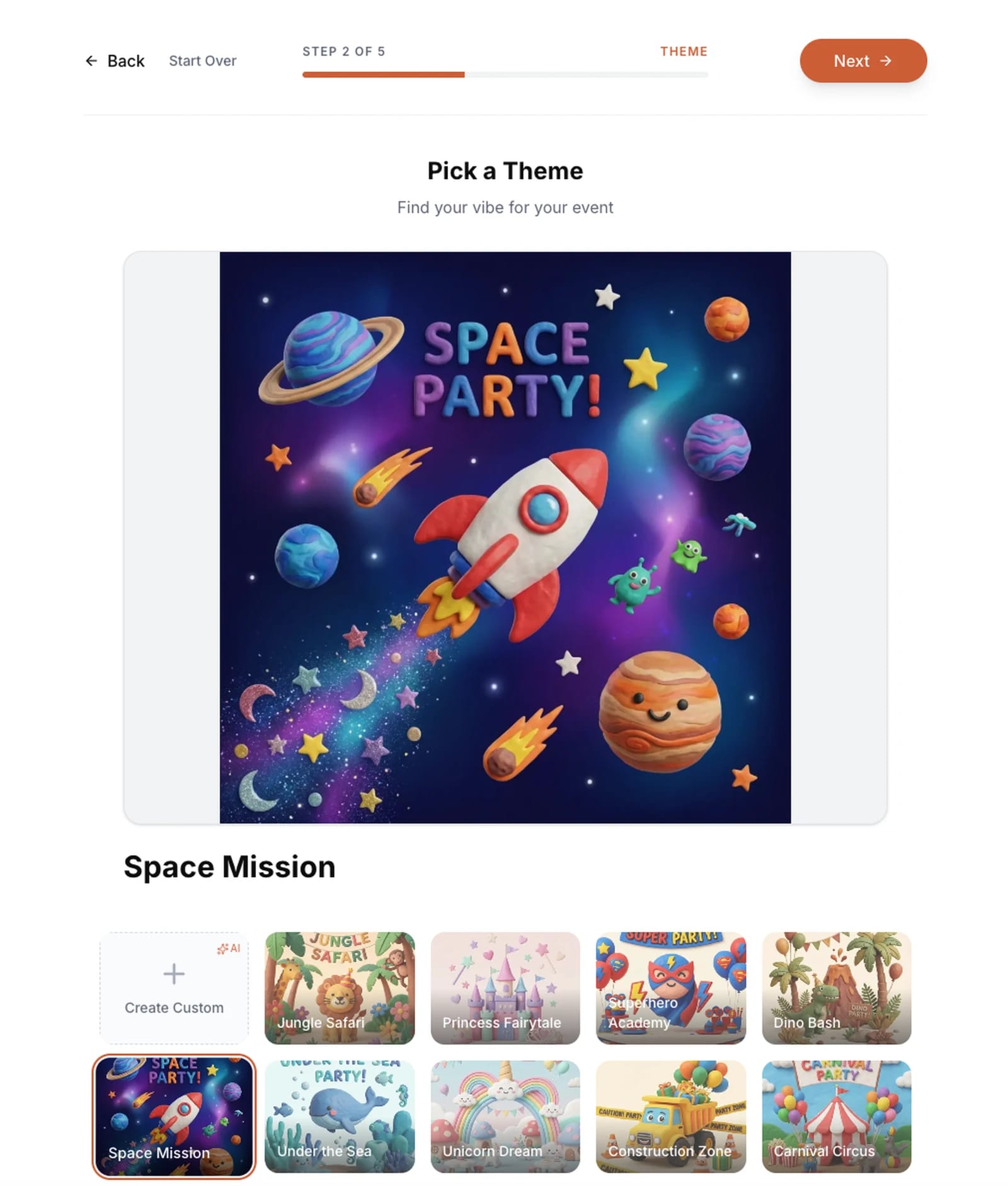 Theme picker showing cards for Dinosaurs, Space, Princess, Safari, and more.