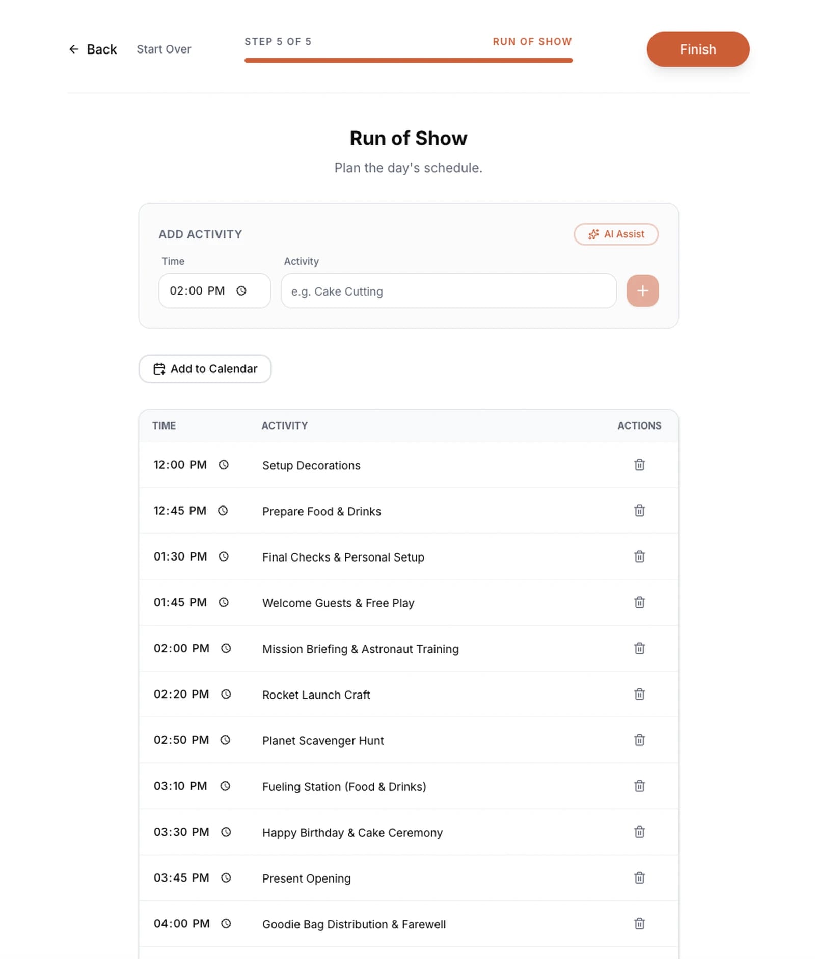 Day-of timeline screen with timestamped activities a parent can check off during the party.