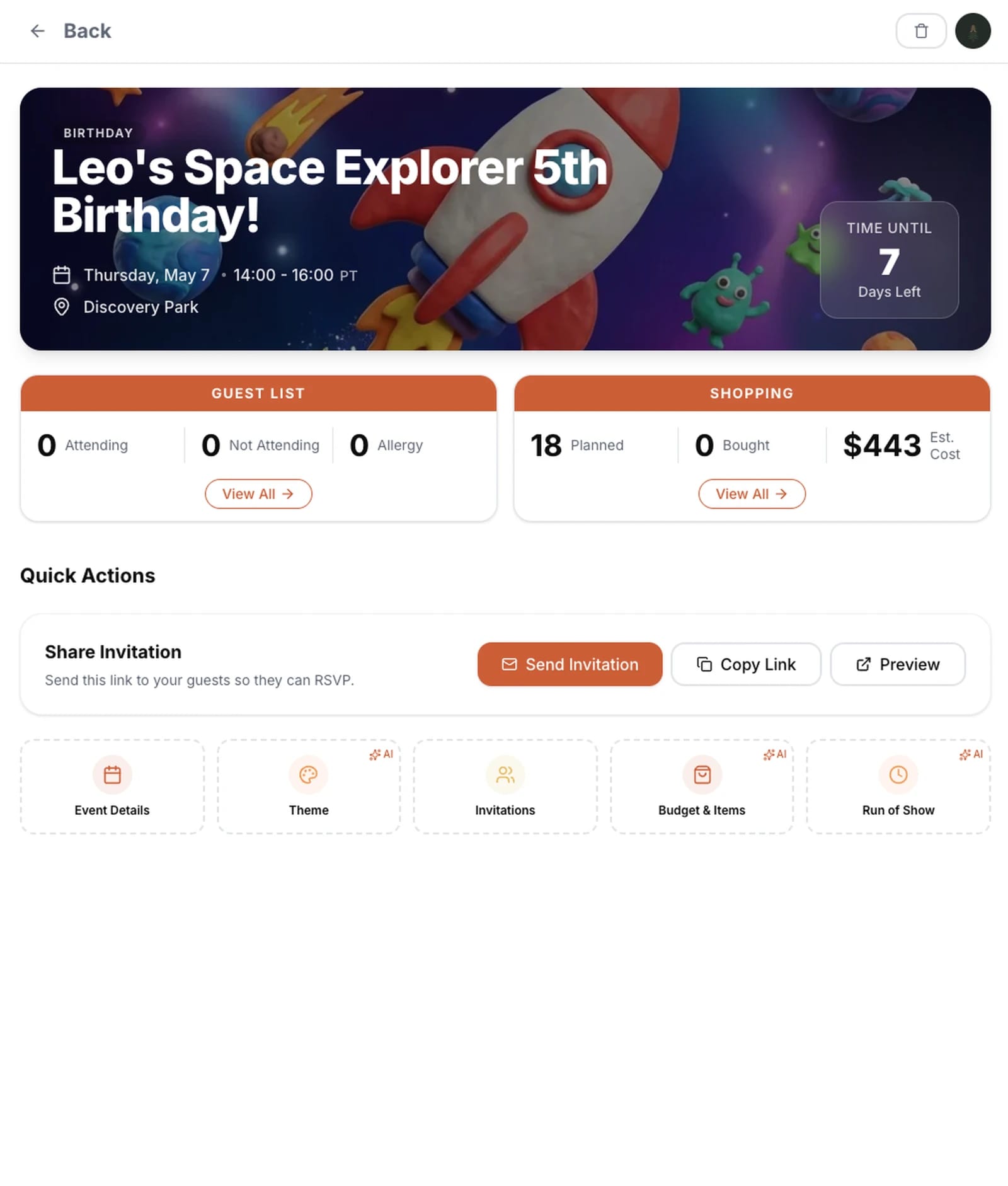 Event dashboard for a kid's birthday showing guest list, shopping totals, share invitation, and quick actions for theme, invitations, budget, and run of show.