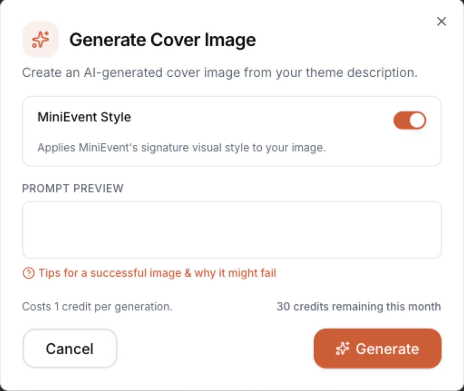 MiniEvent's Generate Cover Image dialog with a toggle for MiniEvent's signature style and a prompt preview field.