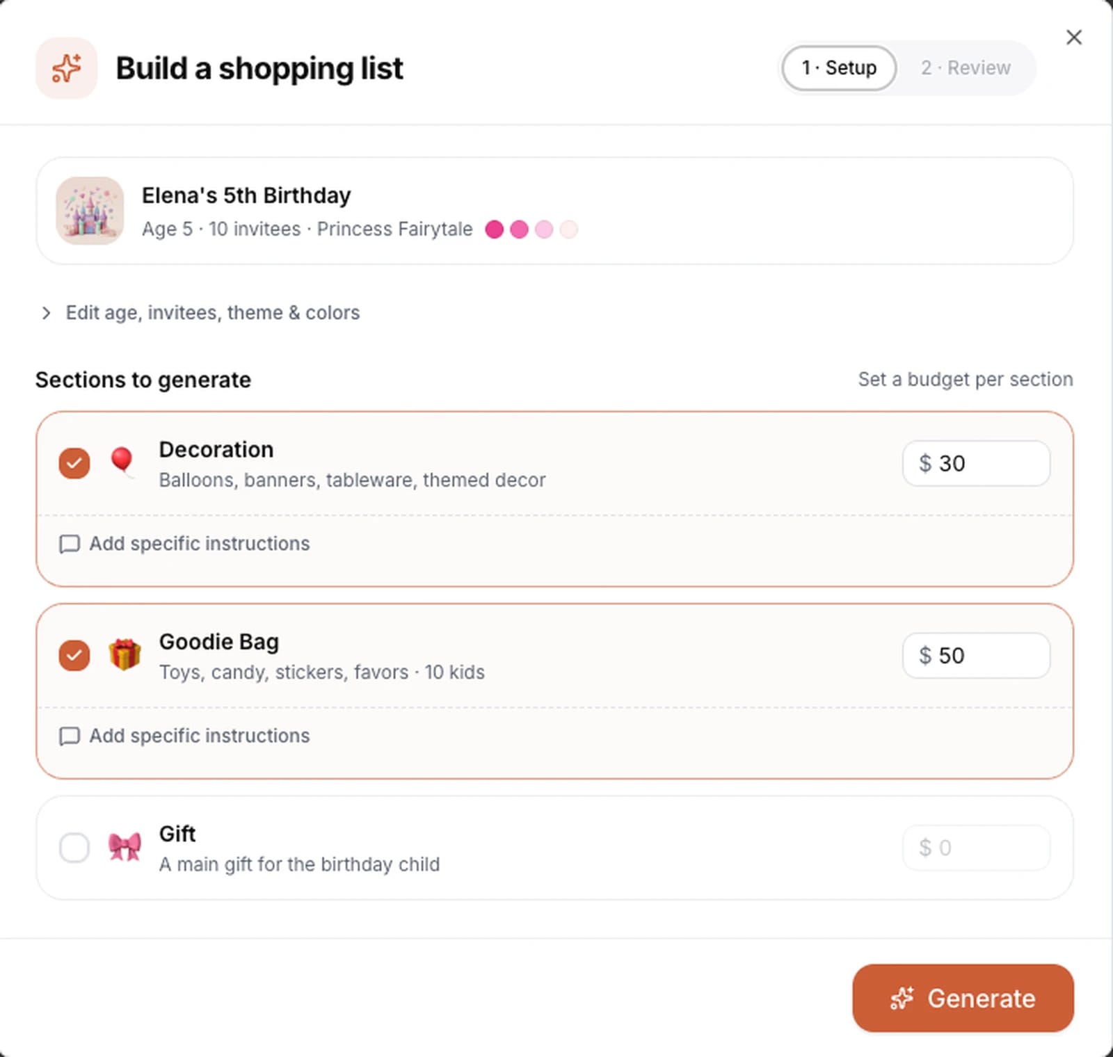 Shopping assistant Setup step: choose Decoration, Goodie Bag, and Gift sections with budgets per section.