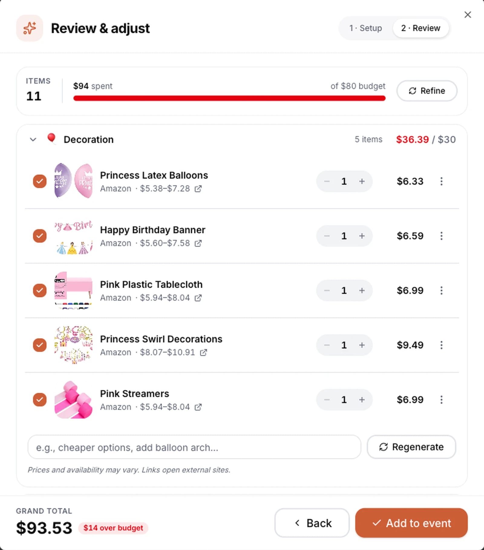 Shopping assistant Review step: AI-curated items grouped by section with prices, quantities, budget tracking, and a refinement prompt.