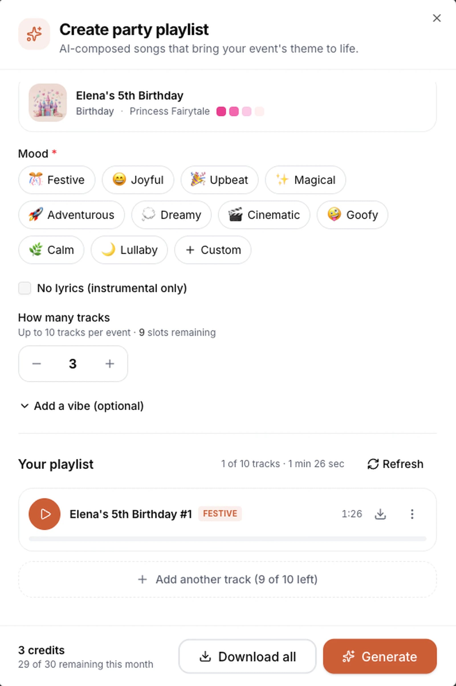 Create party playlist dialog with mood chips, track count selector, and a generated track ready to download.