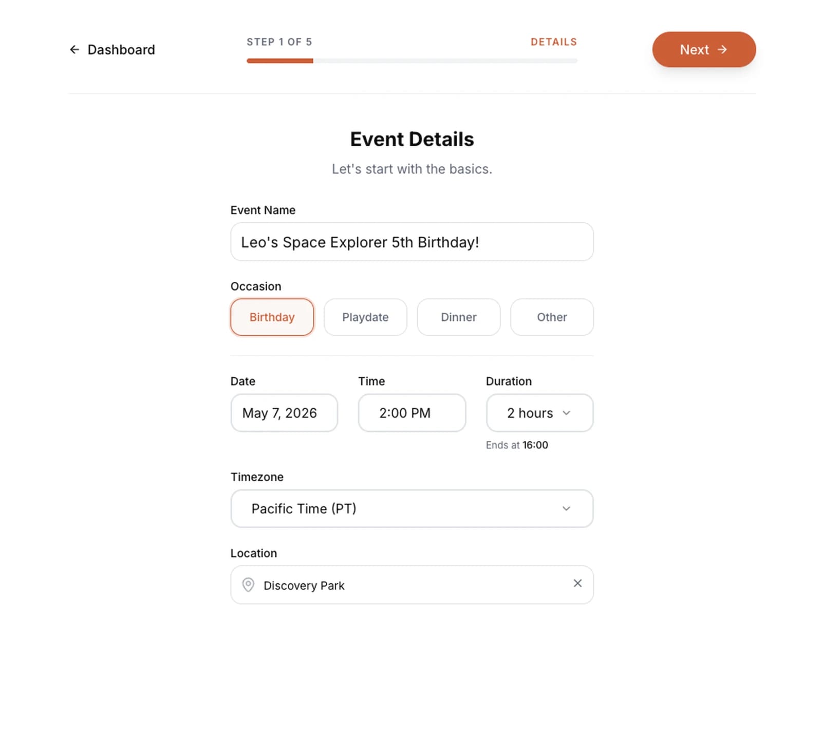 MiniEvent's 5-step wizard showing the Info step with party name, date, and venue fields.